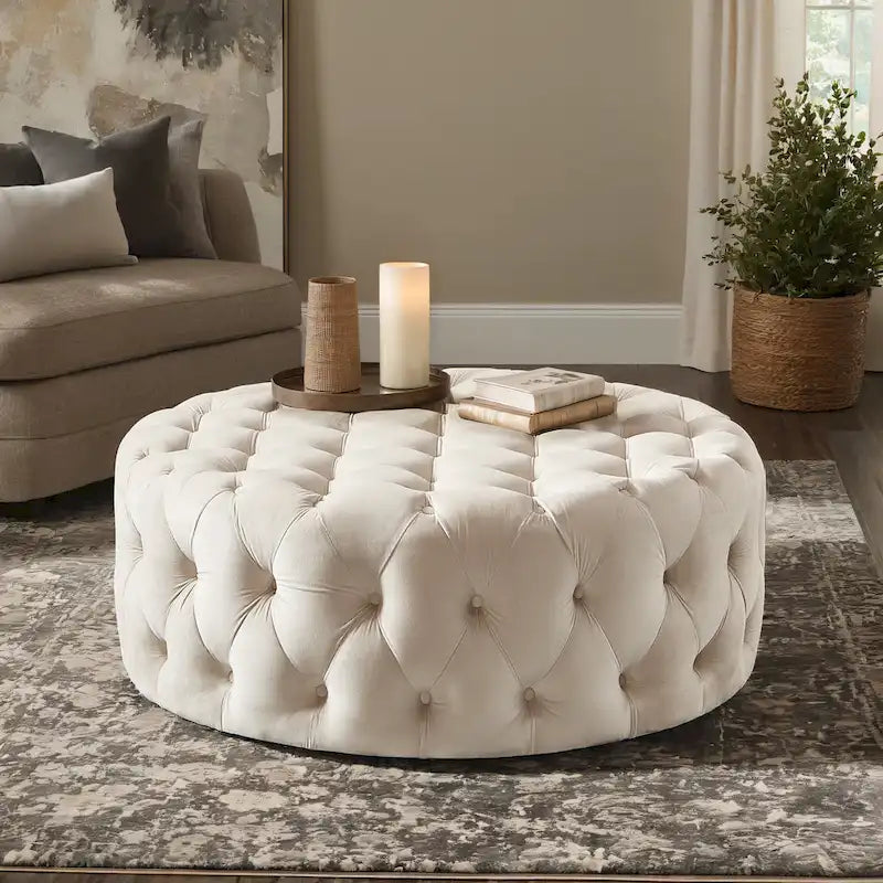 Pouf rond touffeté Gdansk avec roulettes