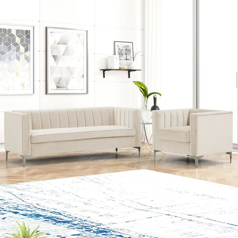 Morden Fort Canapé et fauteuil modernes 2 pièces en velours hollandais gris, pieds en fer