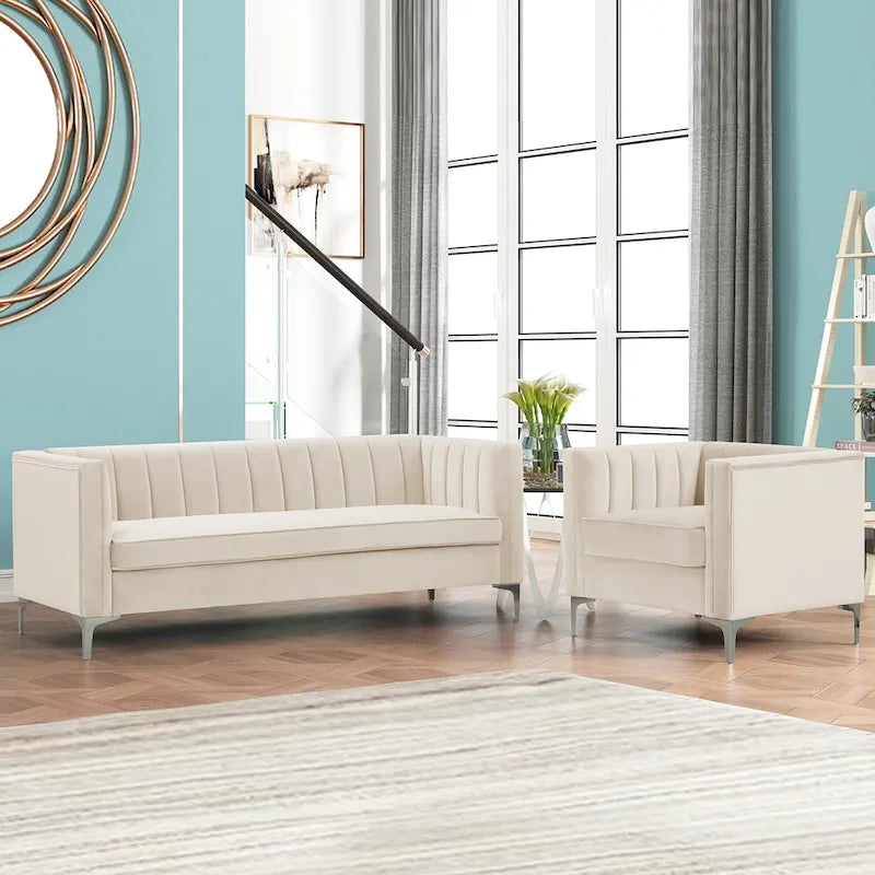Morden Fort Canapé et fauteuil modernes 2 pièces en velours hollandais gris, pieds en fer