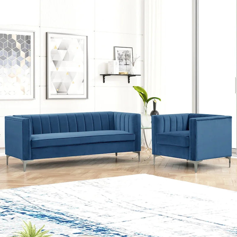 Morden Fort Canapé et fauteuil modernes 2 pièces en velours hollandais gris, pieds en fer