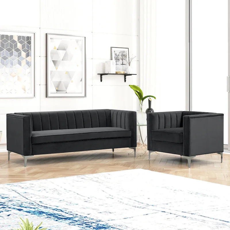 Morden Fort Canapé et fauteuil modernes 2 pièces en velours hollandais gris, pieds en fer
