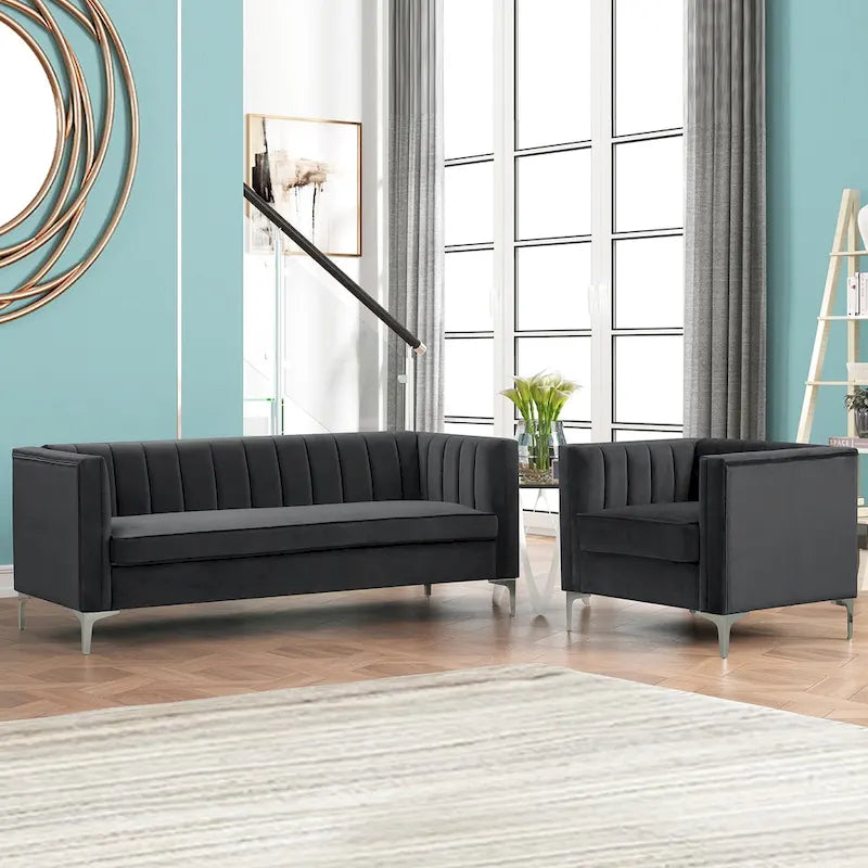 Morden Fort Canapé et fauteuil modernes 2 pièces en velours hollandais gris, pieds en fer