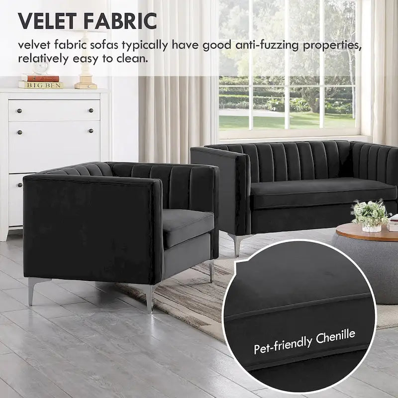 Morden Fort Canapé et fauteuil modernes 2 pièces en velours hollandais gris, pieds en fer