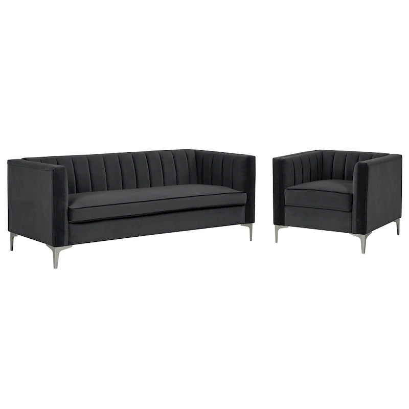 Morden Fort Canapé et fauteuil modernes 2 pièces en velours hollandais gris, pieds en fer