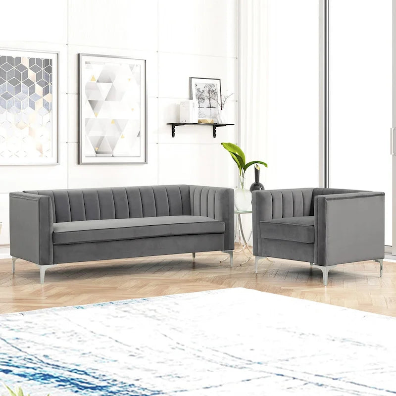 Morden Fort Canapé et fauteuil modernes 2 pièces en velours hollandais gris, pieds en fer