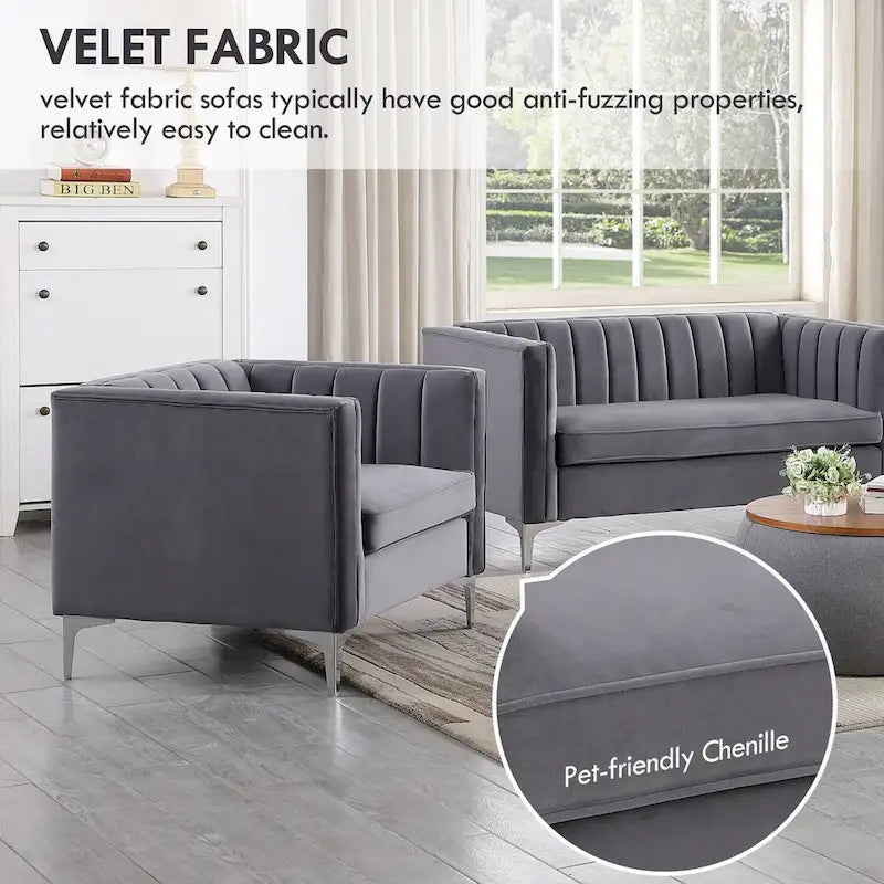 Morden Fort Canapé et fauteuil modernes 2 pièces en velours hollandais gris, pieds en fer