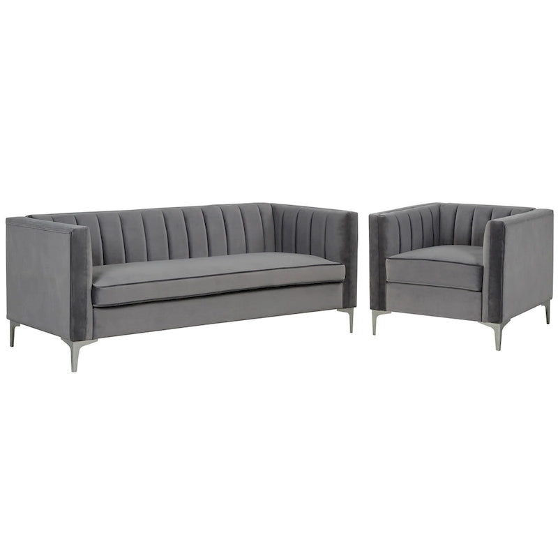 Morden Fort Canapé et fauteuil modernes 2 pièces en velours hollandais gris, pieds en fer