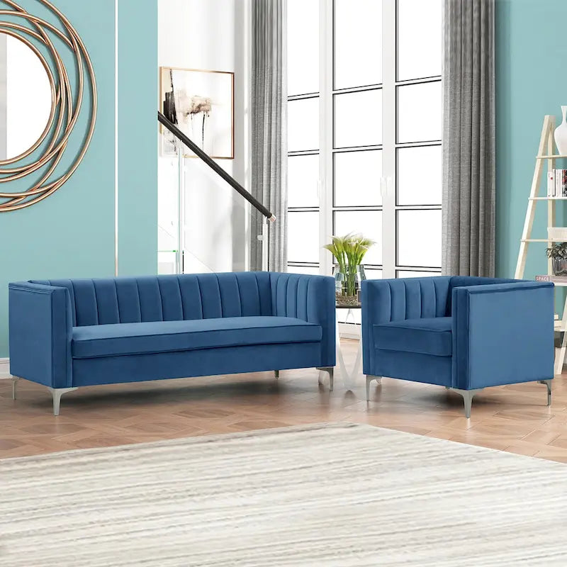 Morden Fort Canapé et fauteuil modernes 2 pièces en velours hollandais gris, pieds en fer