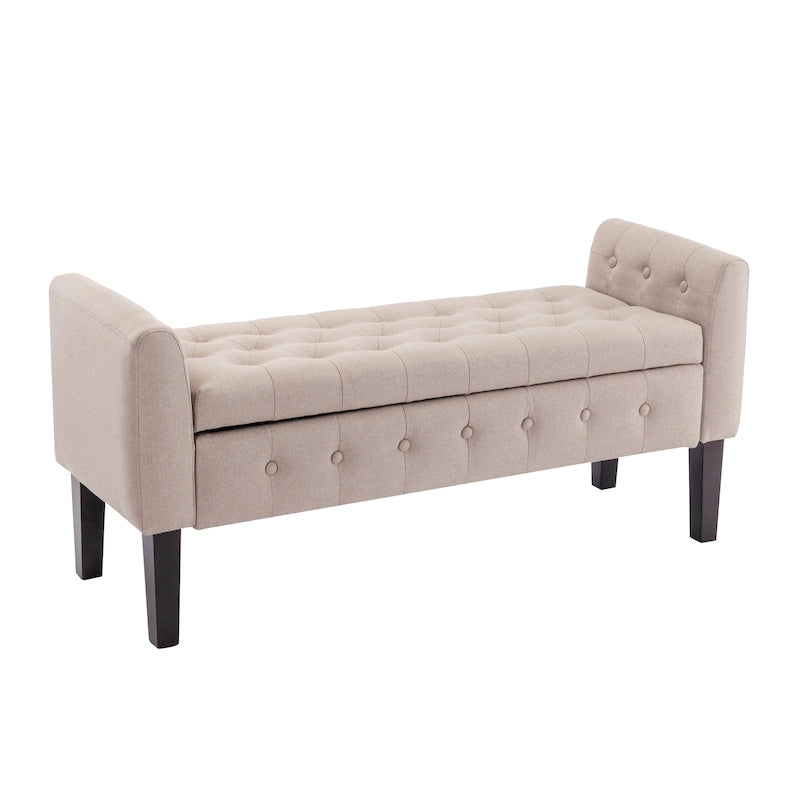 Banc de rangement ottoman Porthos Home Inari avec couvercle rabattable en tissu et pieds en bois d'hévéa