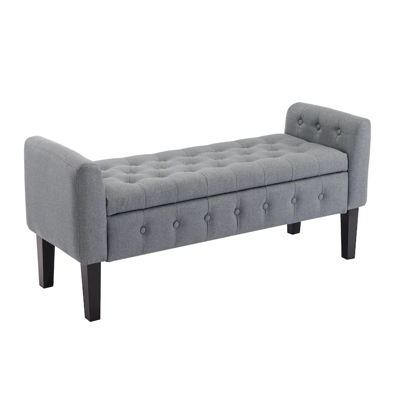 Banc de rangement ottoman Porthos Home Inari avec couvercle rabattable en tissu et pieds en bois d'hévéa