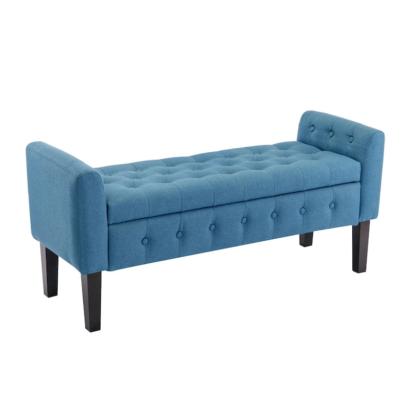 Banc de rangement ottoman Porthos Home Inari avec couvercle rabattable en tissu et pieds en bois d'hévéa