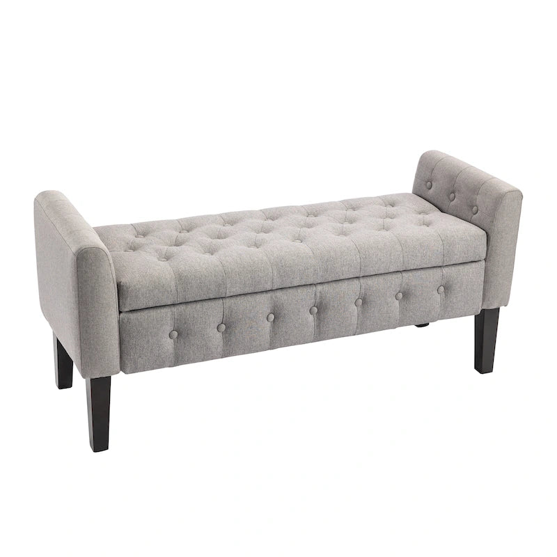 Banc de rangement ottoman Porthos Home Inari avec couvercle rabattable en tissu et pieds en bois d'hévéa