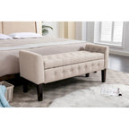 Banc de rangement ottoman Porthos Home Inari avec couvercle rabattable en tissu et pieds en bois d'hévéa