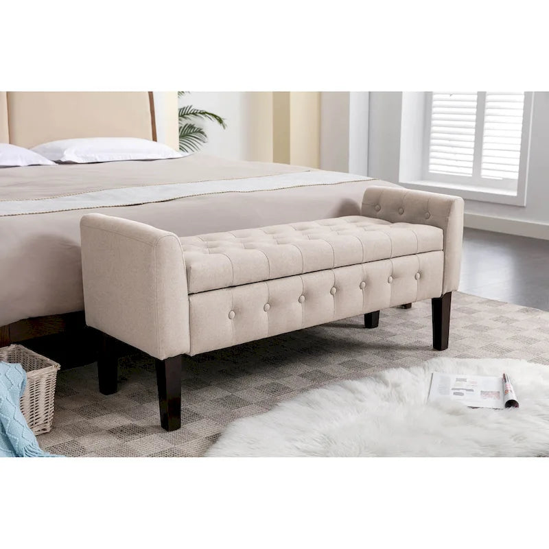 Banc de rangement ottoman Porthos Home Inari avec couvercle rabattable en tissu et pieds en bois d'hévéa