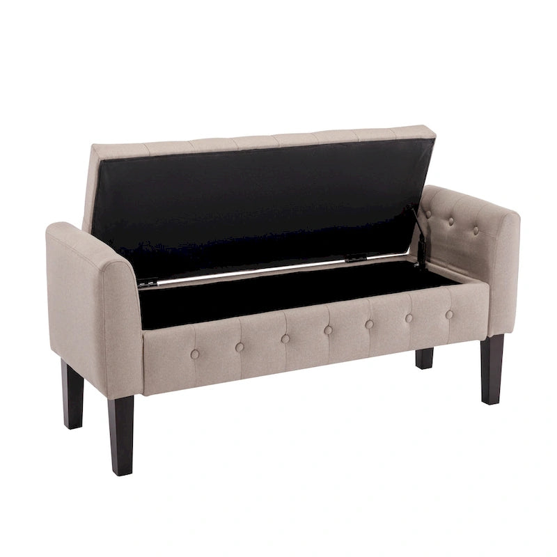 Banc de rangement ottoman Porthos Home Inari avec couvercle rabattable en tissu et pieds en bois d'hévéa