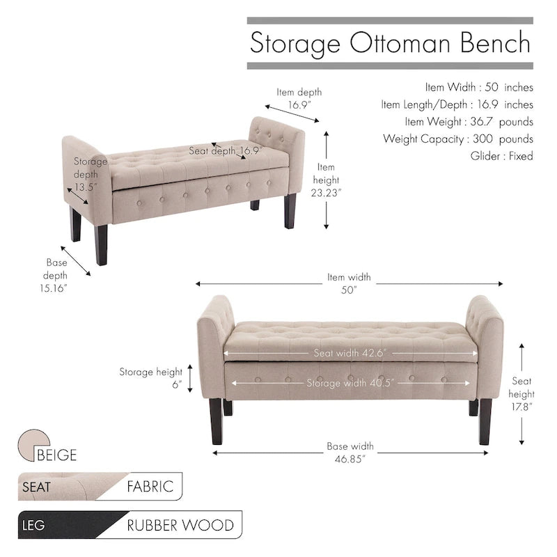 Banc de rangement ottoman Porthos Home Inari avec couvercle rabattable en tissu et pieds en bois d'hévéa