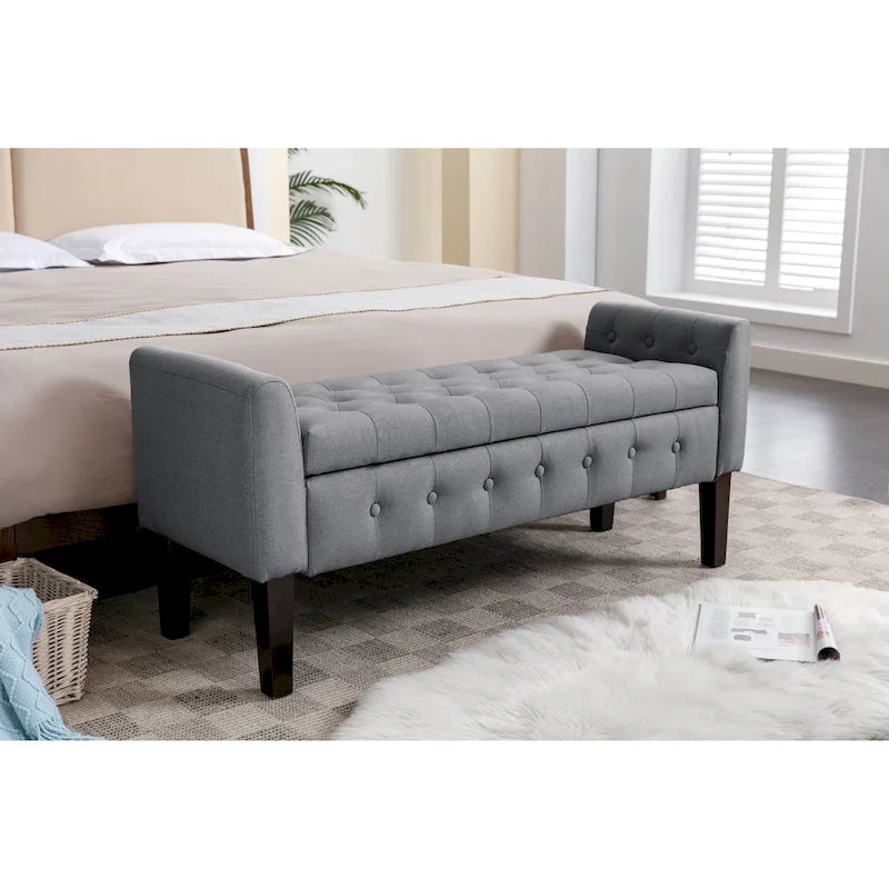 Banc de rangement ottoman Porthos Home Inari avec couvercle rabattable en tissu et pieds en bois d'hévéa