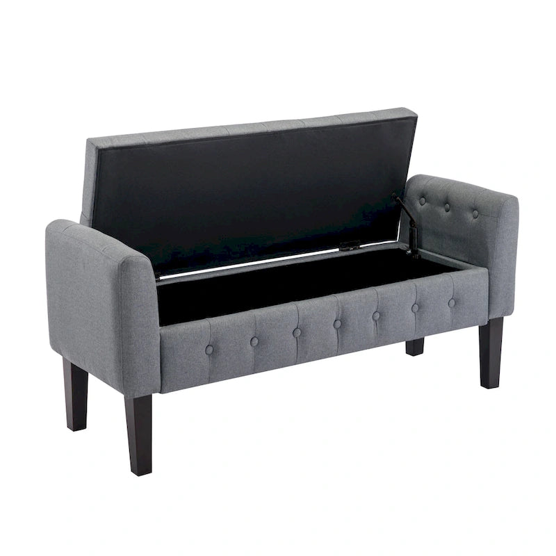 Banc de rangement ottoman Porthos Home Inari avec couvercle rabattable en tissu et pieds en bois d'hévéa