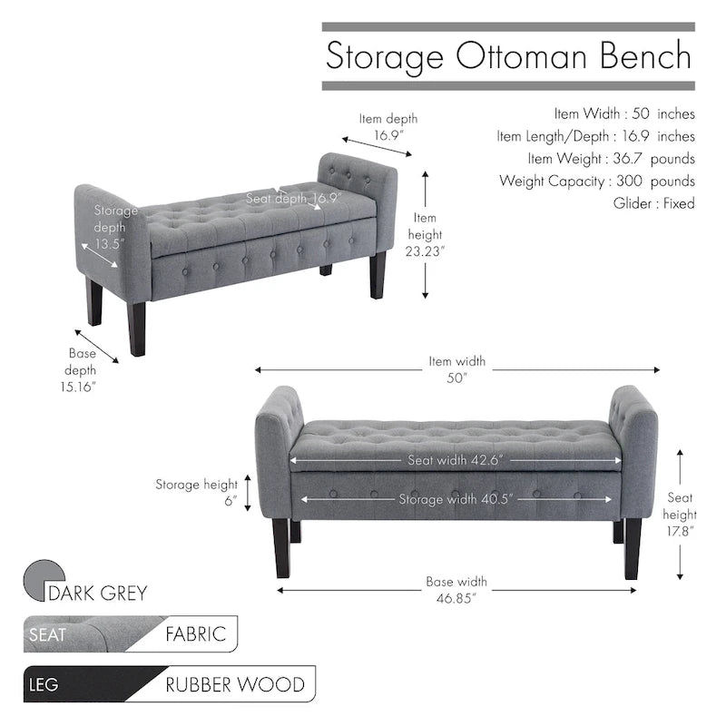 Banc de rangement ottoman Porthos Home Inari avec couvercle rabattable en tissu et pieds en bois d'hévéa