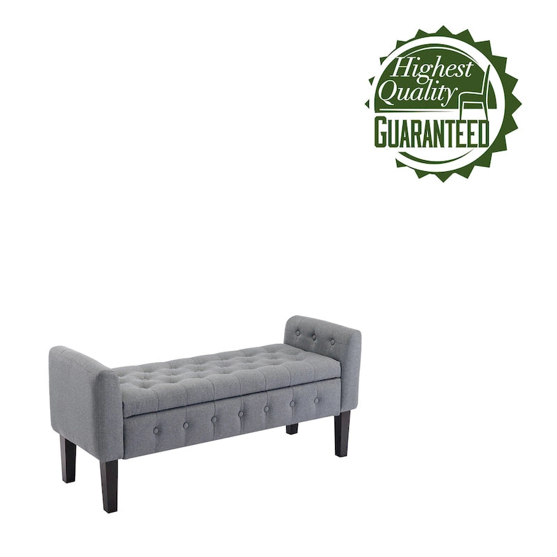 Banc de rangement ottoman Porthos Home Inari avec couvercle rabattable en tissu et pieds en bois d'hévéa