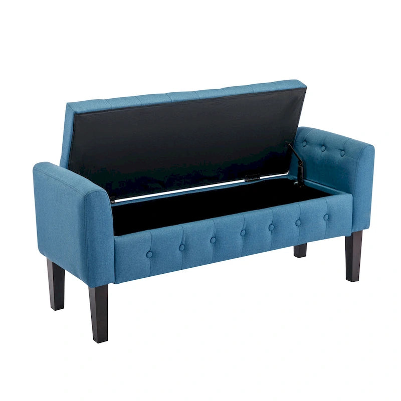 Banc de rangement ottoman Porthos Home Inari avec couvercle rabattable en tissu et pieds en bois d'hévéa