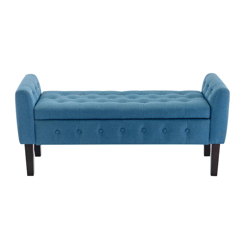 Banc de rangement ottoman Porthos Home Inari avec couvercle rabattable en tissu et pieds en bois d'hévéa