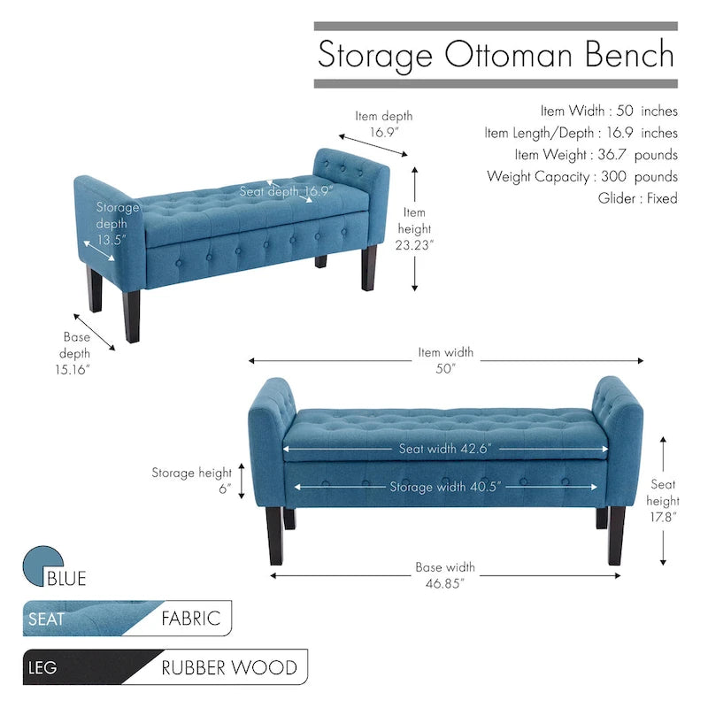 Banc de rangement ottoman Porthos Home Inari avec couvercle rabattable en tissu et pieds en bois d'hévéa