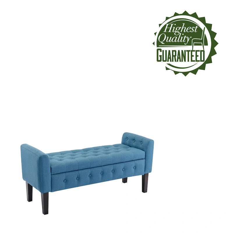 Banc de rangement ottoman Porthos Home Inari avec couvercle rabattable en tissu et pieds en bois d'hévéa