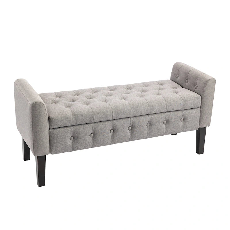 Banc de rangement ottoman Porthos Home Inari avec couvercle rabattable en tissu et pieds en bois d'hévéa