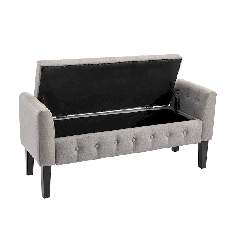 Banc de rangement ottoman Porthos Home Inari avec couvercle rabattable en tissu et pieds en bois d'hévéa