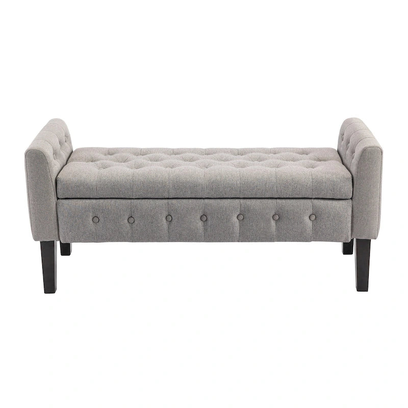 Banc de rangement ottoman Porthos Home Inari avec couvercle rabattable en tissu et pieds en bois d'hévéa
