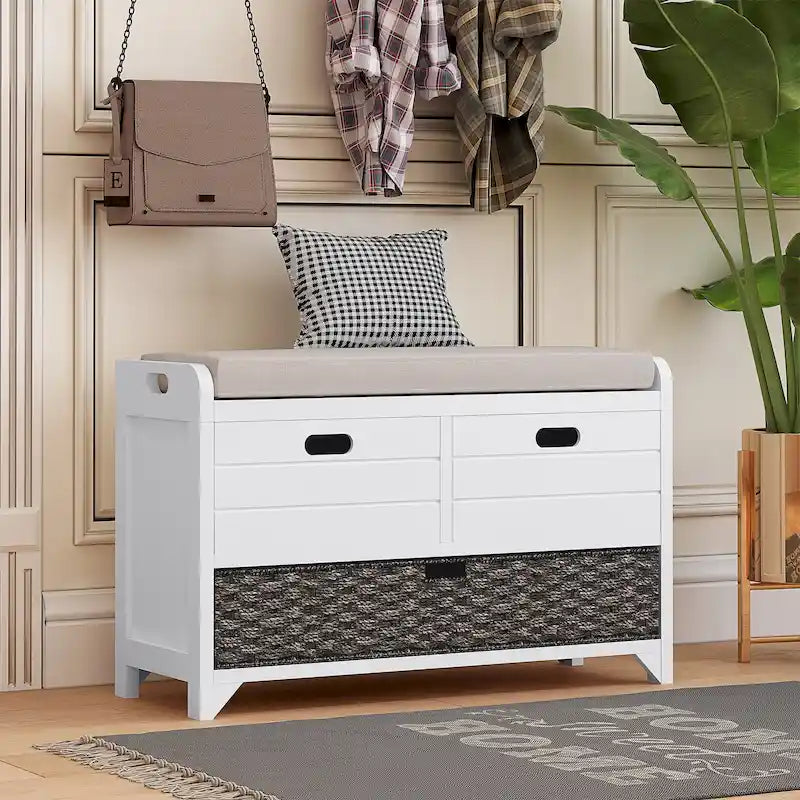 Banc de rangement avec panier amovible et 2 tiroirs