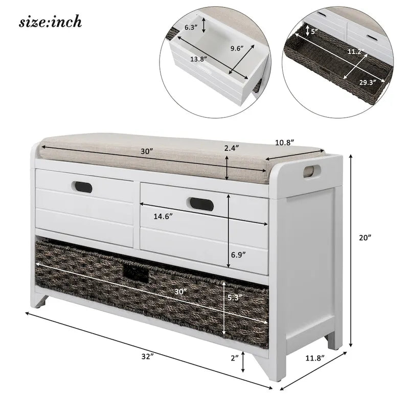 Banc de rangement avec panier amovible et 2 tiroirs