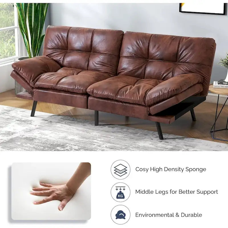 Canapé-lit futon, canapé convertible en similicuir avec accoudoirs réglables pour petit espace, taille simple