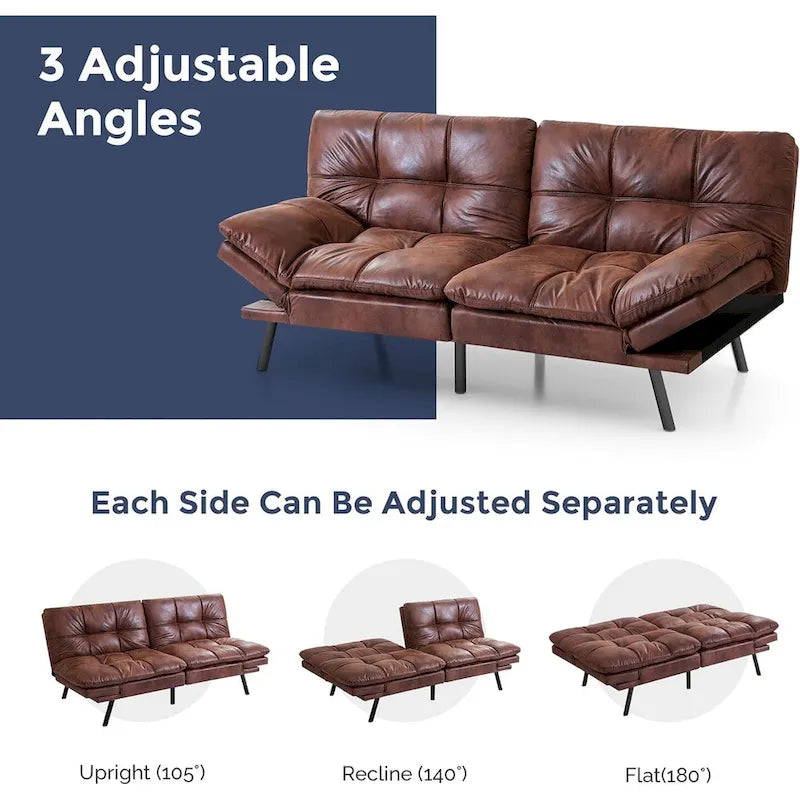 Canapé-lit futon, canapé convertible en similicuir avec accoudoirs réglables pour petit espace, taille simple