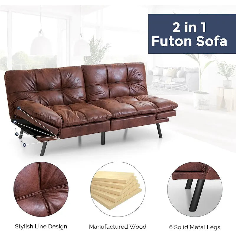 Canapé-lit futon, canapé convertible en similicuir avec accoudoirs réglables pour petit espace, taille simple
