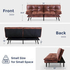 Canapé-lit futon, canapé convertible en similicuir avec accoudoirs réglables pour petit espace, taille simple