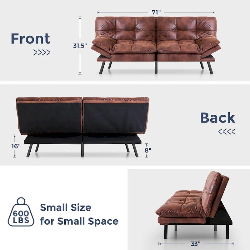 Canapé-lit futon, canapé convertible en similicuir avec accoudoirs réglables pour petit espace, taille simple