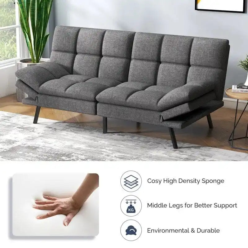 Canapé-lit futon, canapé convertible en similicuir avec accoudoirs réglables pour petit espace, taille simple