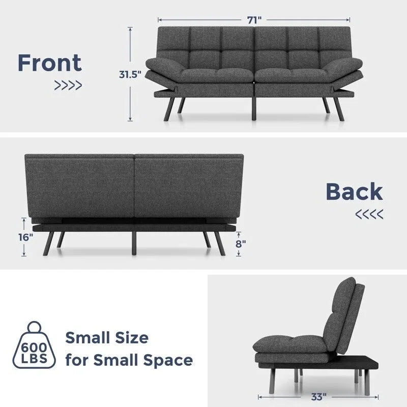 Canapé-lit futon, canapé convertible en similicuir avec accoudoirs réglables pour petit espace, taille simple