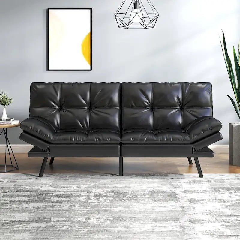Canapé-lit futon, canapé convertible en similicuir avec accoudoirs réglables pour petit espace, taille simple