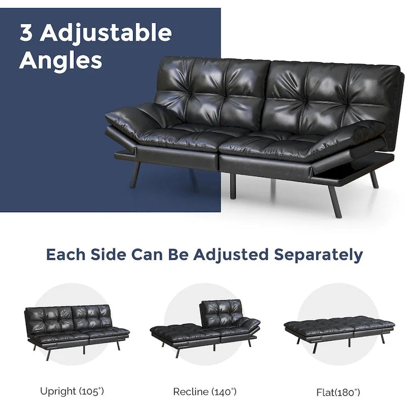 Canapé-lit futon, canapé convertible en similicuir avec accoudoirs réglables pour petit espace, taille simple