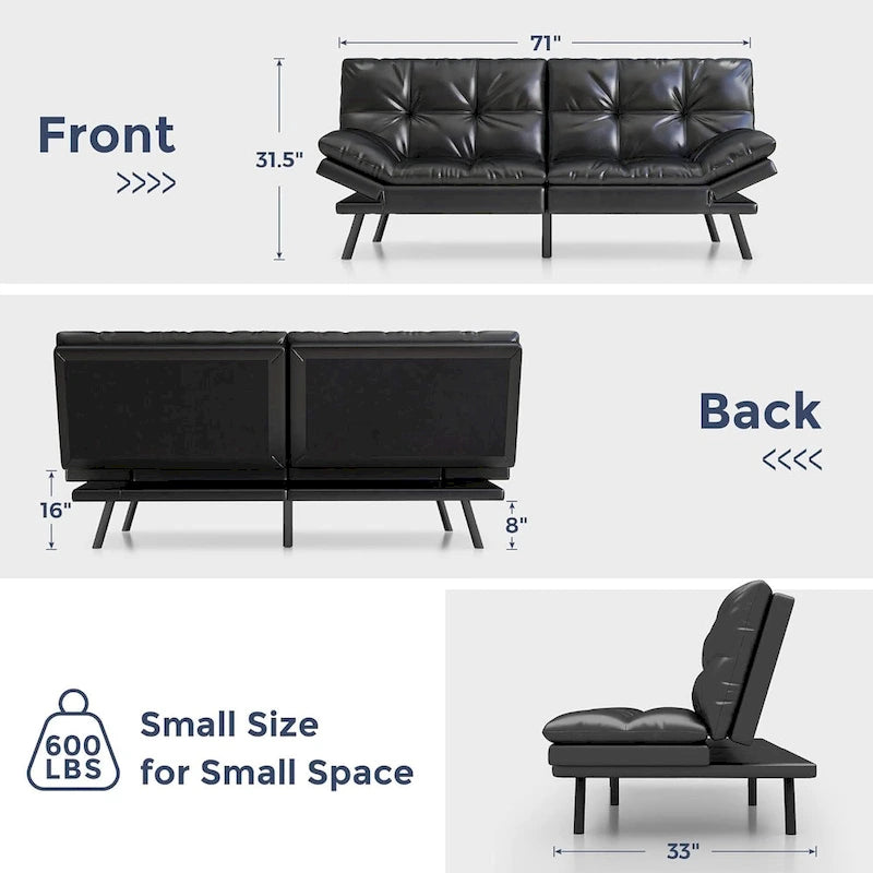 Canapé-lit futon, canapé convertible en similicuir avec accoudoirs réglables pour petit espace, taille simple