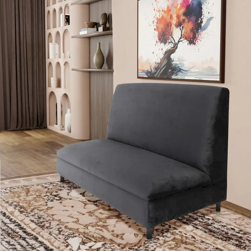 Canapés Coast to Coast - Banquette capitonnée en velours avec structure en bois massif, style moderne du milieu du siècle