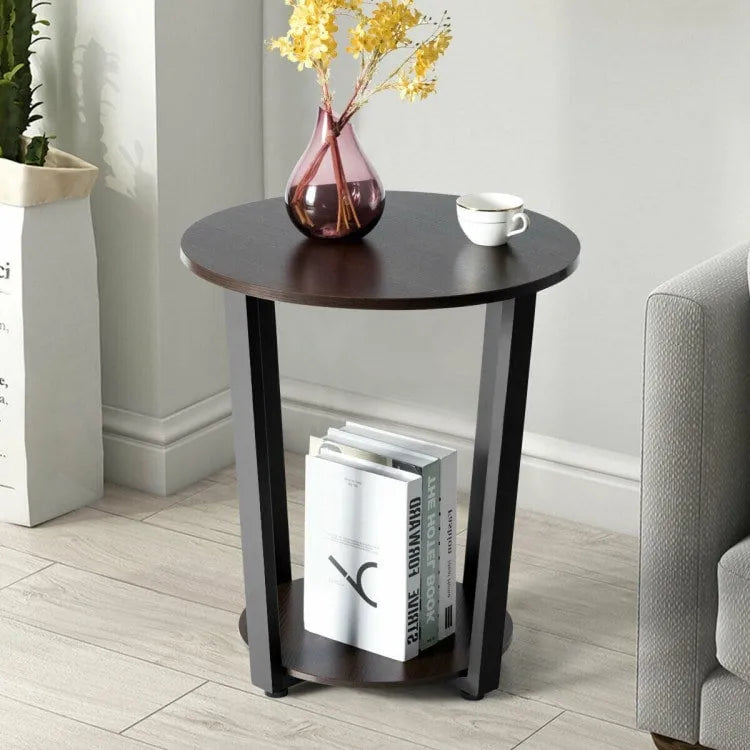 Table d'appoint ronde à 2 niveaux avec étagère de rangement et cadre en métal