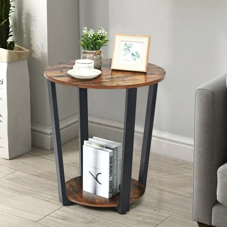 Table d'appoint ronde à 2 niveaux avec étagère de rangement et cadre en métal