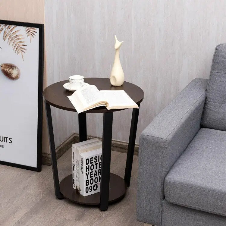 Table d'appoint ronde à 2 niveaux avec étagère de rangement et cadre en métal
