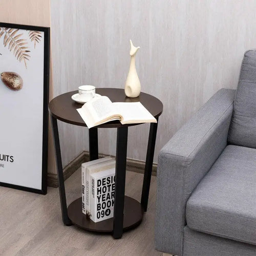 Table d'appoint ronde à 2 niveaux avec étagère de rangement et cadre en métal