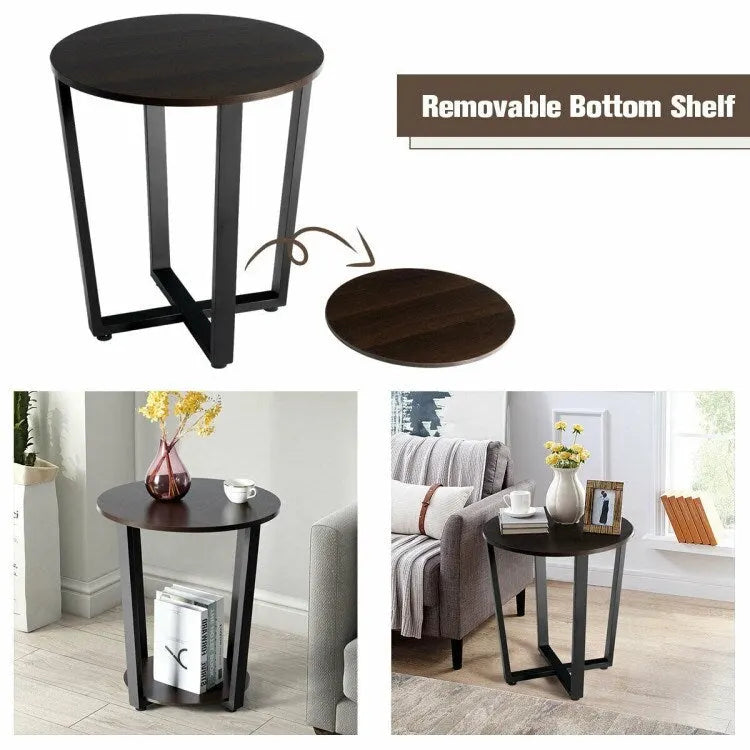 Table d'appoint ronde à 2 niveaux avec étagère de rangement et cadre en métal