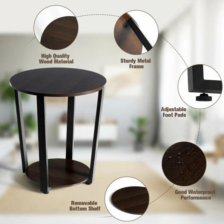 Table d'appoint ronde à 2 niveaux avec étagère de rangement et cadre en métal